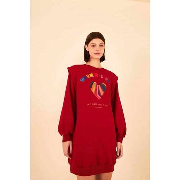 FARM Rio NWT Warm Welcome Sweatdress Sweatshirt Dress Red Rainbow Heart Size L - Picture 13 of 14